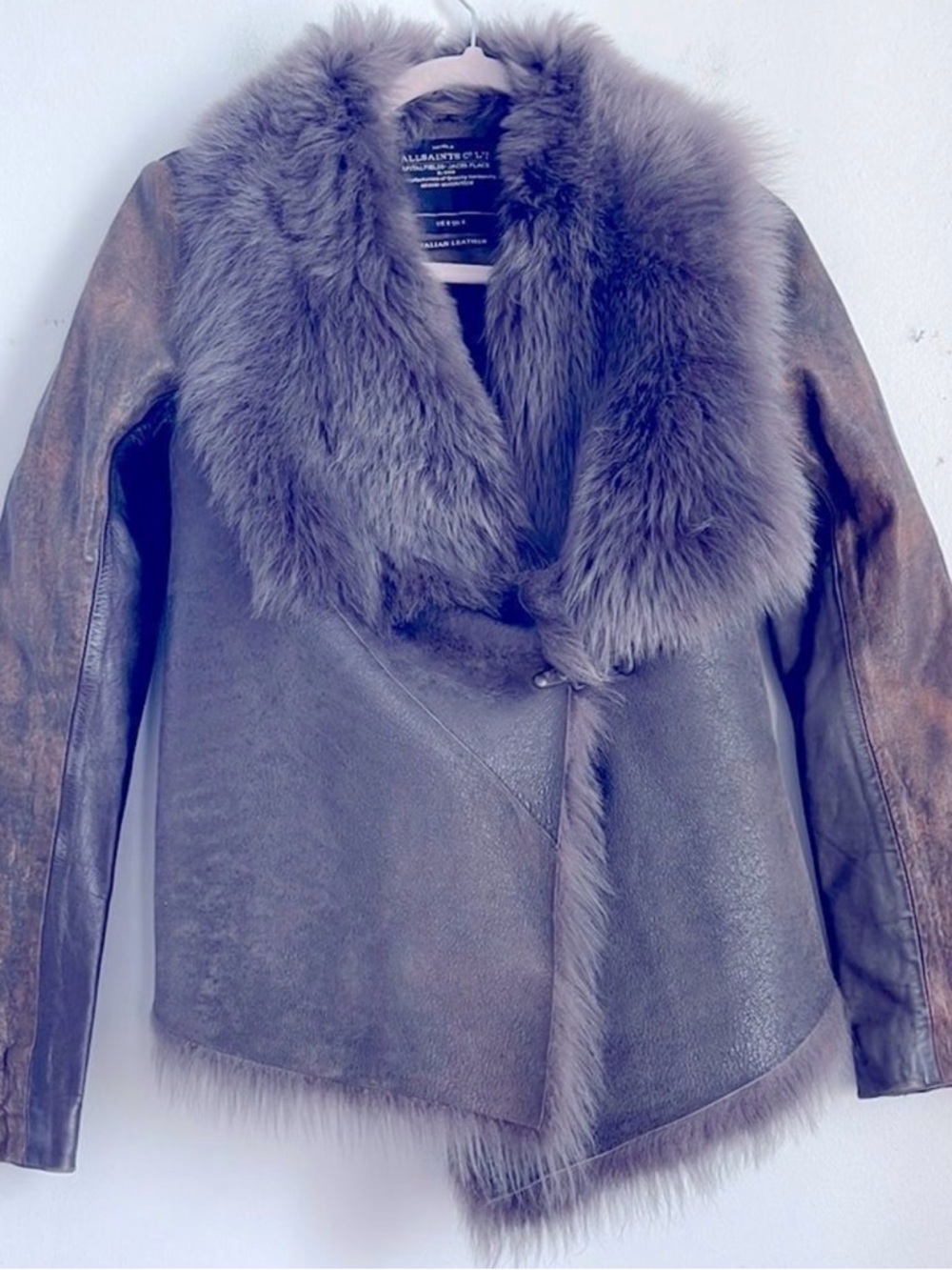 All Saints Italian sheep’s leather asymmetrical closure faux fur trimmed jacket